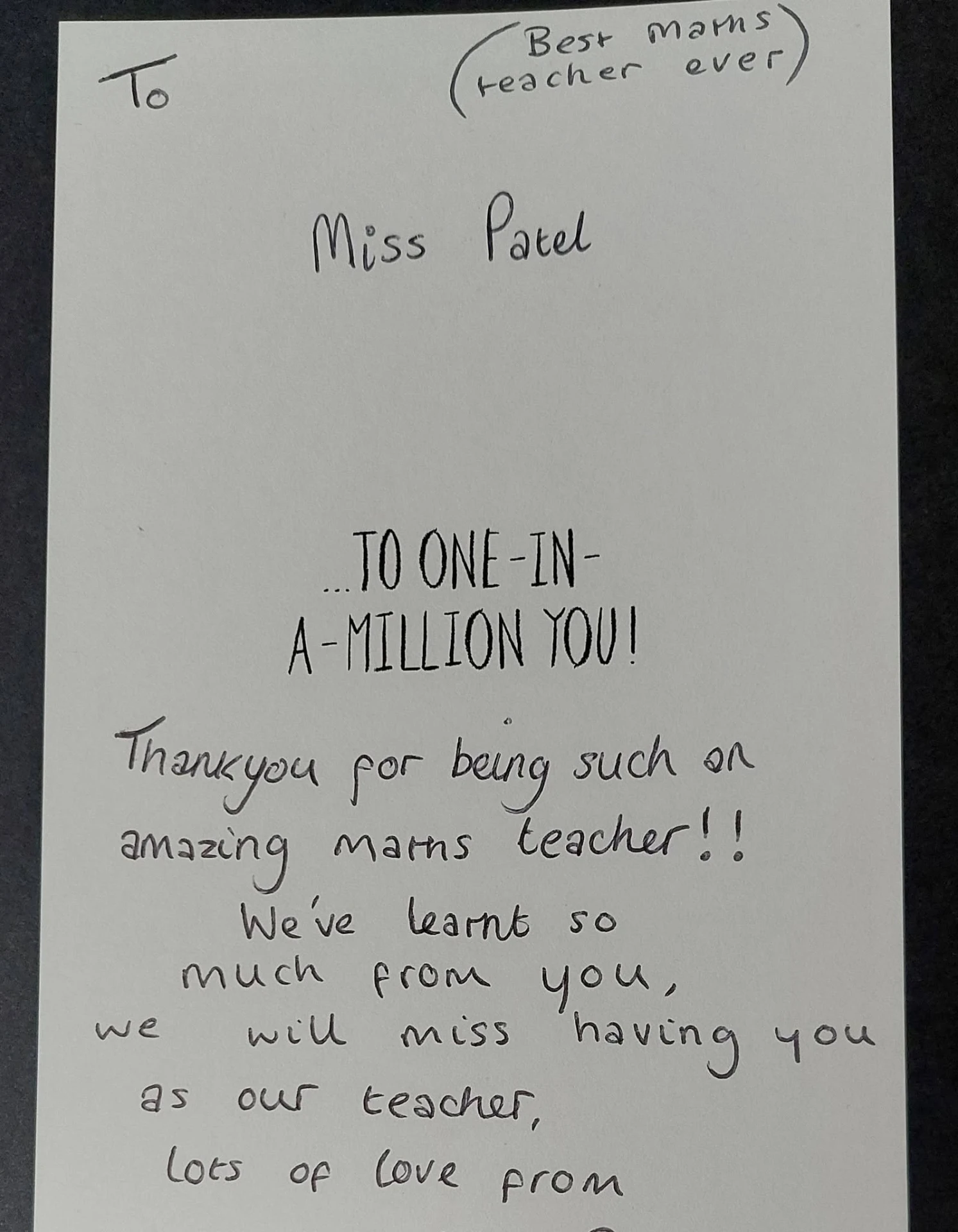 Handwritten thank you card from a maths student to Tina Patel, Cheltenham maths tutor (1 of 19)