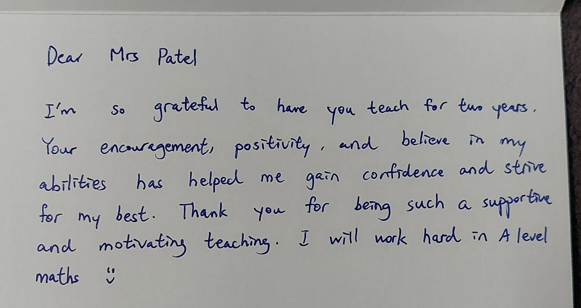 Handwritten thank you card from a maths student to Tina Patel, Cheltenham maths tutor (5 of 19)