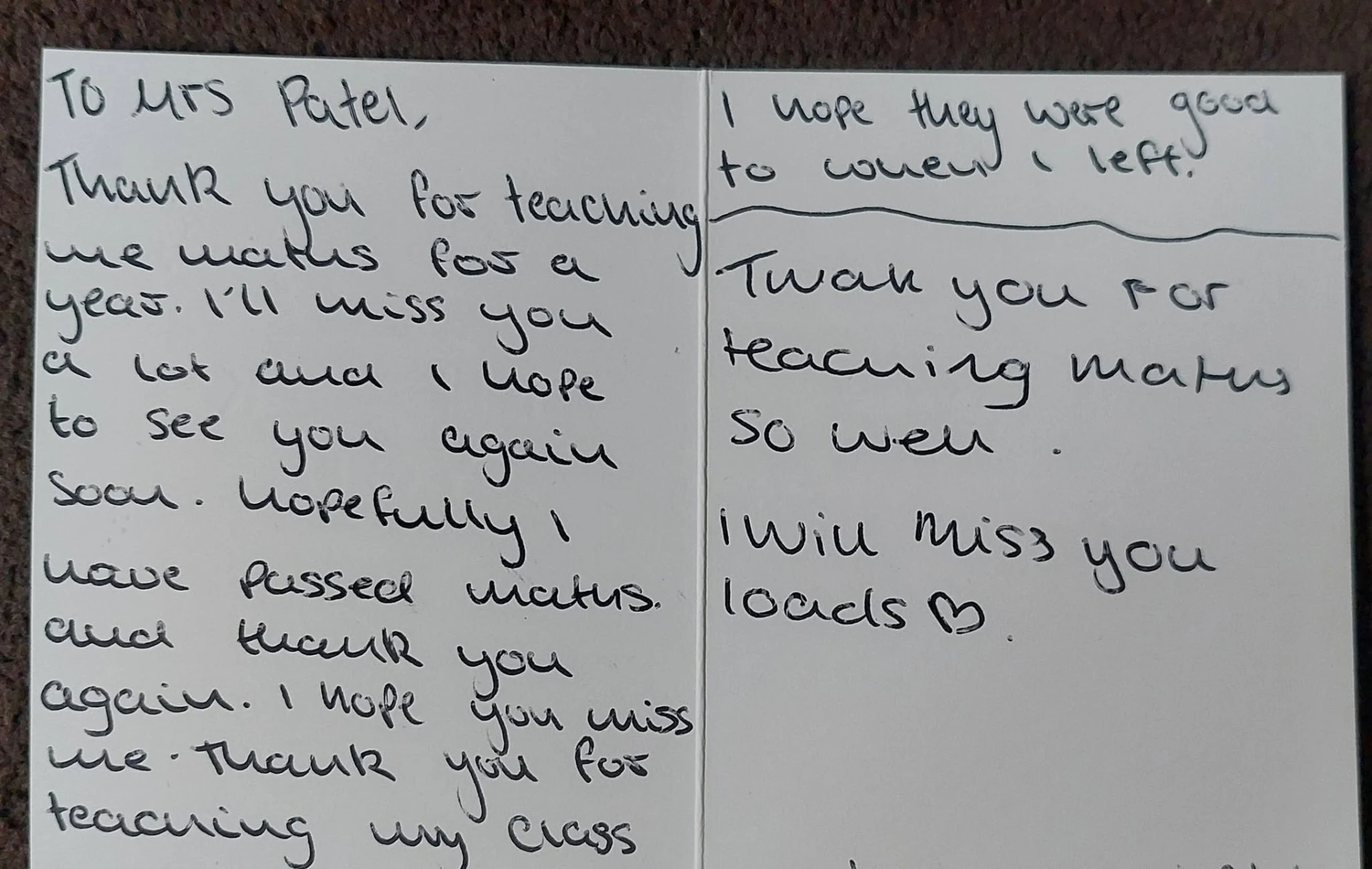 Handwritten thank you card from a maths student to Tina Patel, Cheltenham maths tutor (16 of 19)