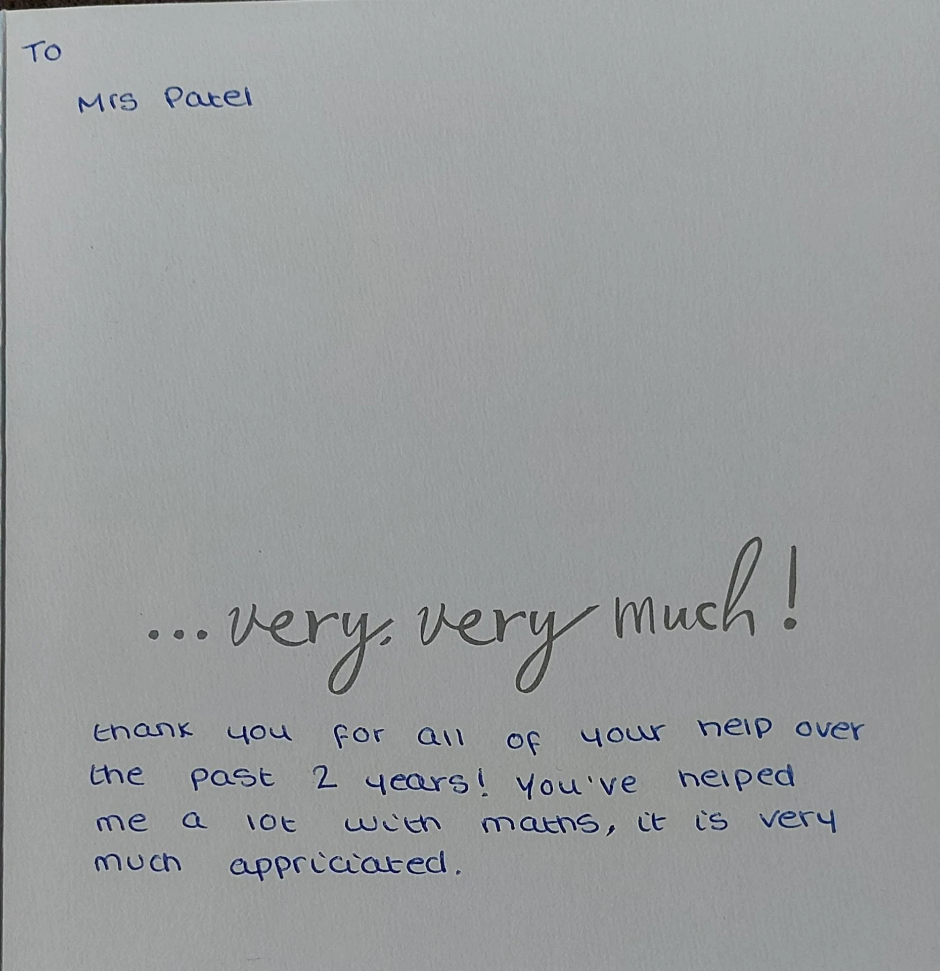 Handwritten thank you card from a maths student to Tina Patel, Cheltenham maths tutor (2 of 19)